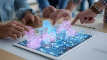 Wall Mural - software engineers are manipulating complex holographic 3d model projected from digital tablet, visu
