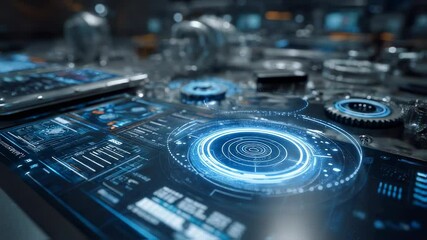 Wall Mural - futuristic control panel displaying data analysis and processing information, incorporating holograp