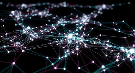 Abstract network with glowing nodes and connecting lines against a black background design concept