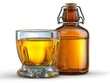 © patiporn - A glass of amber liquid sits in front of a vintage brown bottle filled with similar liquid on white background.