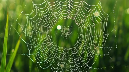 Intricate spiderweb glistening with morning dew in a vibrant green field