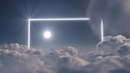 abstract neon rectangle portal above clouds with sun shining light effect