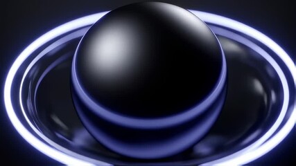 Abstract black sphere surrounded by neon blue light rings spins slowly