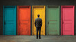© Kunut - Businessman stands front of colorful doors, contemplating choices and opportunities. vibrant colors evoke sense of possibility and decision making