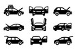 © Feliz - Car with open doors Silhouette Editable Icons set. Vector for web and app. Vehicle icons: sedan, SUV, hatchback, sports car, hood, trunk, roof rack, transport elements and more
