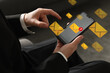 © New Africa - Email marketing, new message notification. Man using mobile phone indoors, closeup. Envelopes around device