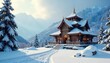 © chaiwat - Serene winter scene at a snow-covered temple, sunlight illuminating the ancient architecture Perfect for winter travel, spirituality, and serenity themes , solitude, pilgrimage, holiday