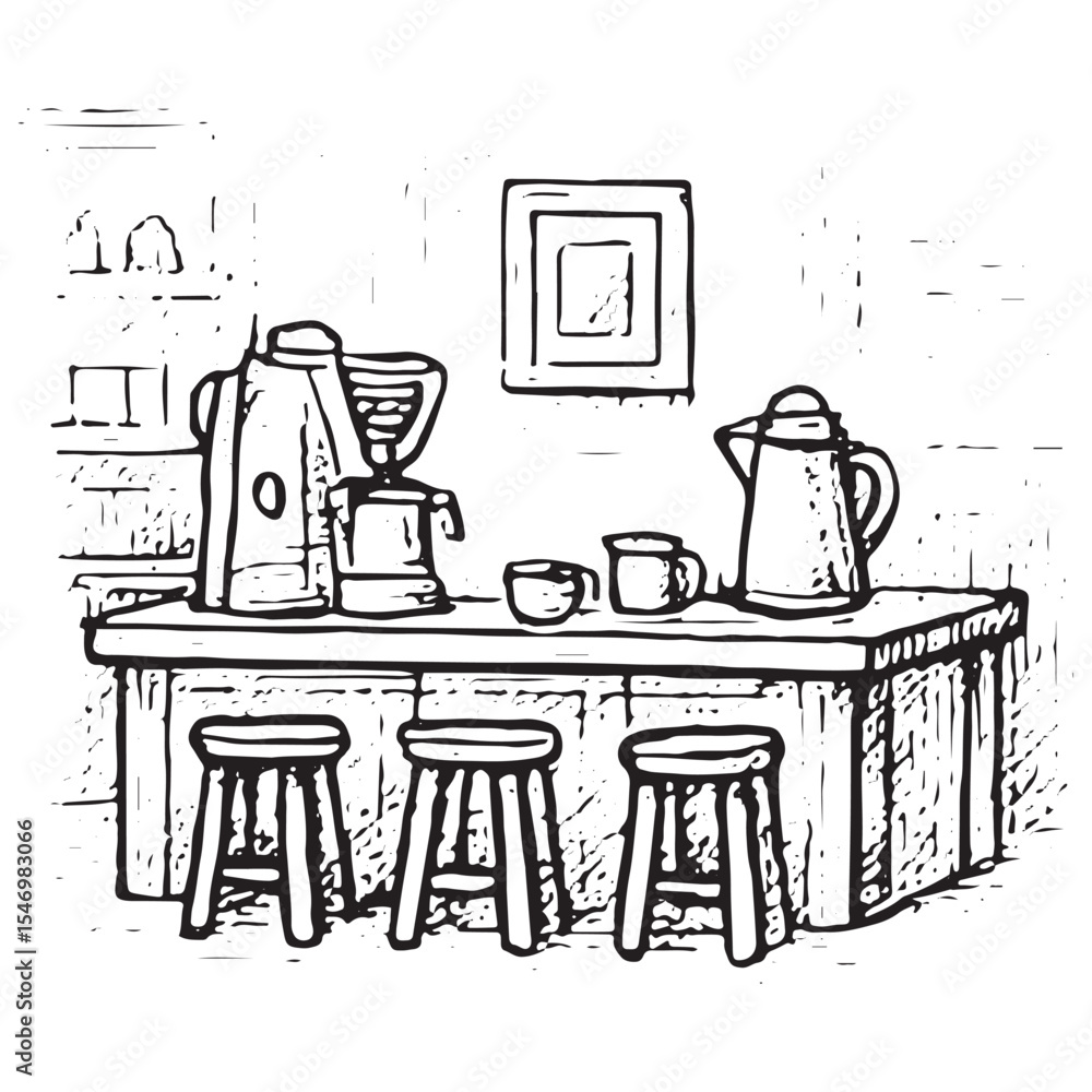 A cozy coffee shop interior with wooden tables and plants, illustrated ...