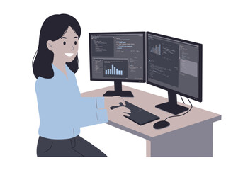 a woman sits at a desk with two monitors using a keyboard and mouse