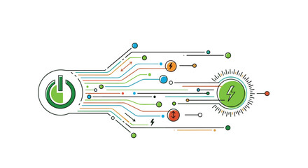 Power button circuit board design with green energy flow vector illustration design