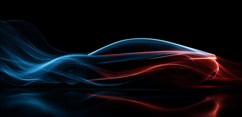on a black background, colorful light bands outline the car's contour, with dynamic lines presenting