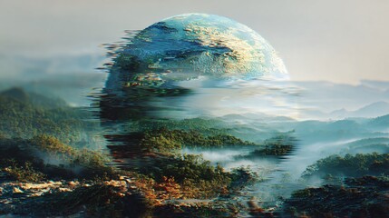 A close up abstract landscape where a sphere merges with glitching mountains and surreal nature.