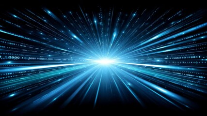 Wall Mural - futuristic digital burst of light with glowing blue rays and binary code, symbolizing technology, sp