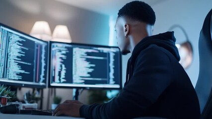 Person focused on dual computer monitors displaying code working at desk for software development or it programming
