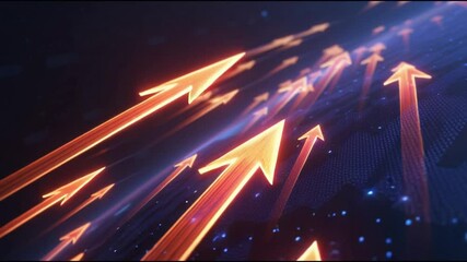 Wall Mural - glowing orange arrows pointing upward symbolizing futuristic growth, progress, success, and innovati