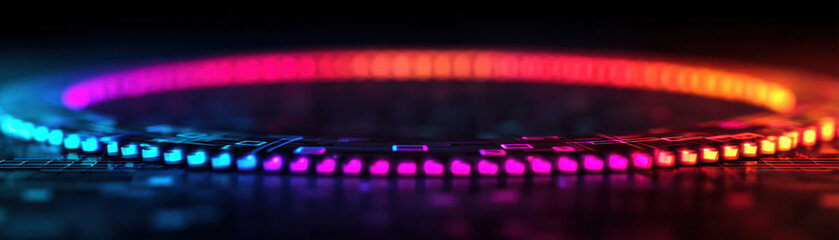 quantum programming concept with vibrant neon circle, futuristic digital circuit, glowing technology