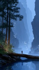 Wall Mural - Mystical Waterfall  Man on Log  Digital Art  Fantasy Landscape