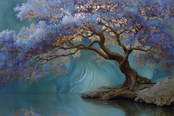 Wall Mural - Serene Blue Tree  Tranquil Water  Peaceful Nature Scene  Artistic Painting