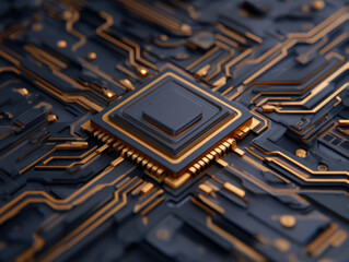 quantum circuit board with gold lines and central processor, futuristic technology for advanced prog