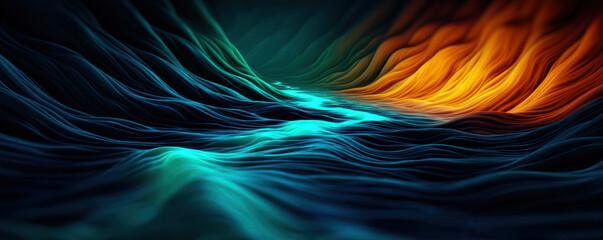 Quantum programming energy flows in abstract waves with vibrant blue and orange colors creating dynamic digital landscape