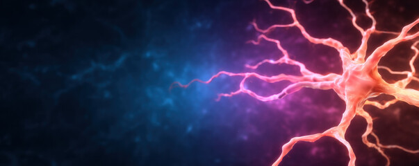 Quantum programming concept illustrated by glowing neuron network on vibrant blue and pink background, evoking innovation and energy
