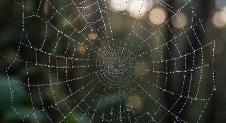 A shimmering spider web adorned with morning dew drops glistens in nature's intricate design, a fragile silk trap for an insect