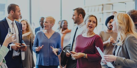 Wall Mural - a diverse group of professionals, including men and women of various ethnicities, engage in lively c