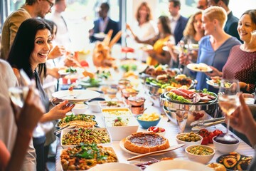 Wall Mural - a diverse group of people enjoying a vibrant buffet at a social gathering. men and women of various 