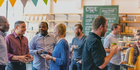 Wall Mural - a diverse group of men and women enjoying a lively gathering in a cozy cafe. the men and women engag