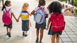 © Rawpixel.com - Four young girls with backpacks walk together on a path. They wear school uniforms and hold hands, symbolizing friendship and unity on their school journey. Cute little girls with backpacks walking.