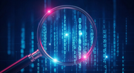 Magnifying glass exploring binary code stream in cyberspace