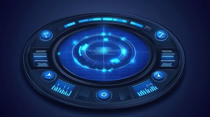 Futuristic circular interface with glowing blue displays and dark accents.  Complex digital information is presented on concentric rings and various indicators.  Control panel with multiple buttons an