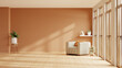 © Vanitjan - Home interior with an armchair on empty orange wall background,Minimal room- 3D rendering