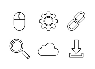 Vector collection of outlined icons including a mouse, gear, link, magnifying glass, cloud and download icon
