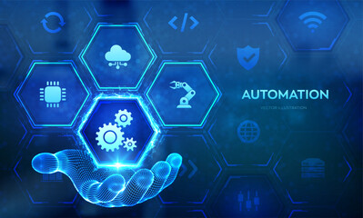 Wall Mural - robotic process automation software icon in wireframe hand. rpa. smart industry. iot and automation 