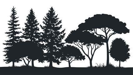  Diverse Forest Tree Silhouettes Vector Illustration for Nature Backgrounds, Landscape Design, and Outdoor Graphics on White
