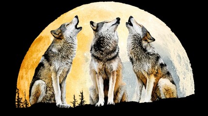 Naklejka na meble Liberation Gathering Loyalty Style. Three wolves howling at a full moon under a dark sky.