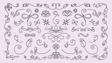 Wall Mural - Elegant swirl dividers in black, featuring various decorative swirls, curls, and lines. Swirl designs perfect for invitations, borders, and decorative accents. Hand drawn ornament vector set.