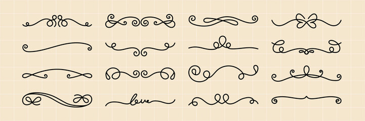 Wall Mural - Elegant swirl dividers in black, featuring various decorative swirls, curls, and lines. Swirl designs perfect for invitations, borders, and decorative accents. Hand drawn ornament vector set.