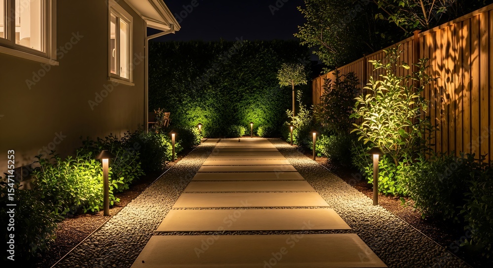 Nighttime garden path illuminated with landscape lighting. Modern ...