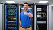 © Best Wishes Art - A Confident Professional Holding a Network Card in a Modern Data Center Amidst Rows of High-Tech Servers and Networking Equipment