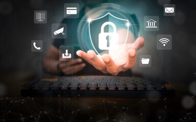 cyber ​​security, privacy protection concept, man showing login password for security, online login,
