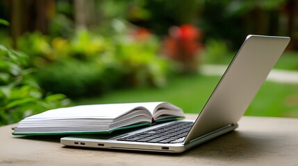 A silver laptop and open notebook placed on a wooden table outdoors in a lush garden setting