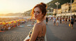 © Vasiliy - Woman with red hair in a messy bun, in a floral dress on a crowded beach boardwalk at sunset. Romantic coastal evening and vibrant summer scene. For travel stories, fashion blogs