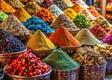 Vibrant stalls overflowing with aromatic spices and herbs in a bustling Middle Eastern market