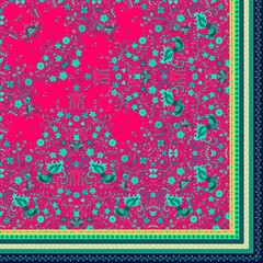 Wall Mural - Quarter of the boho shawl print with ornamental border. Silk neck scarf with beautiful birds, flowers and leaves in a watermelon color scheme. Summer kerchief square pattern.