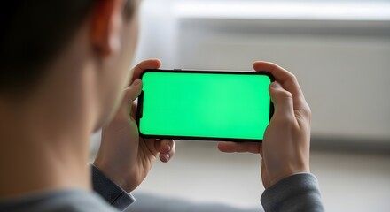 Person Holding Smartphone with Green Screen Mockup Perfect for App Presentation or Mobile Design