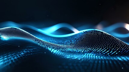 Abstract blue glowing wave of particles flowing on dark background, digital technology visualization with dynamic motion effect.