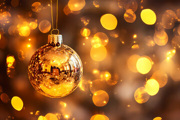 Wall Mural - happy christmas light decorations in new year night winter background. ornaments elements gold confe