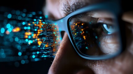futuristic digital code reflection in eyeglasses with glowing orange and blue data streams against d